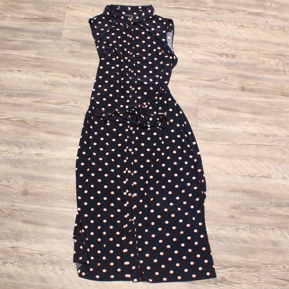 Tommy Hilfiger Navy Polka Dot Sleeveless Midi Shirt dress Size 12 Belted